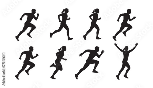 Collection of black silhouette figures of people running, in various stages of motion, including one with arms raised in victory.
