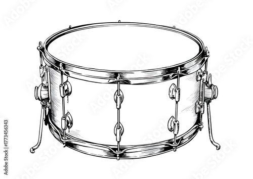 Detailed hand-drawn black and white illustration of a classic snare drum isolated on a white background.