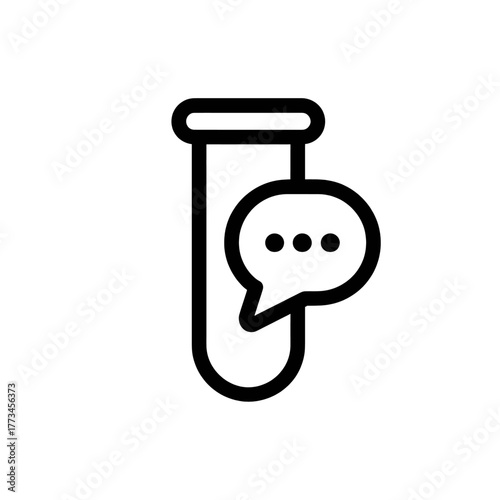 Outline icon depicting a test tube with a speech bubble containing three dots, symbolizing scientific communication or experimental discussion.