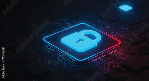 Close-up of a blue lock icon on a circuit board with neon lighting and a dark background.