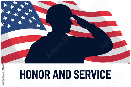 Patriotic tribute to armed forces with a soldier silhouette saluting the American flag on a white background