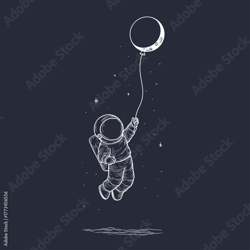 A whimsical line art illustration of an astronaut floating in space holding the crescent moon like a balloon.