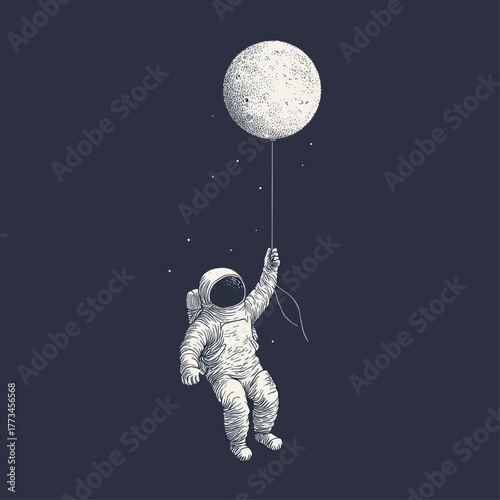 An astronaut floats in space holding onto a balloon shaped like the moon.