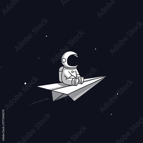 Astronaut sitting on a paper airplane flying through space with stars in the background.