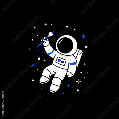 A cute cartoon astronaut floats in dark space, holding a blue paintbrush, surrounded by twinkling white and blue stars, illustrating artistic exploration.