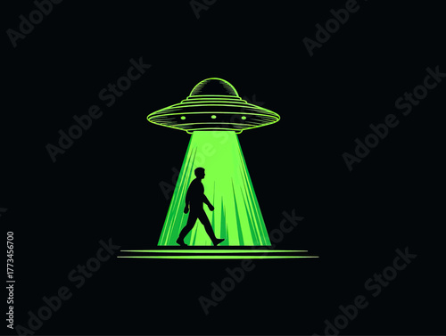 A silhouette of a person walking into a bright green beam of light emanating from a flying saucer UFO against a black background.