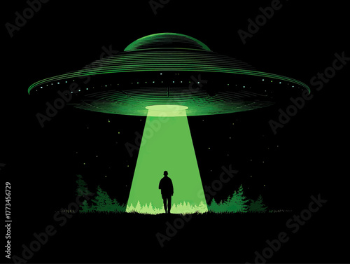 A lone figure stands in a forest at night, illuminated by a bright green tractor beam from a hovering UFO.