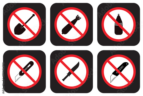 No weapons allowed prohibited items icon vector set for safety and security signs, No prohibited items allowed vector set, No entry for dangerous tools icons, Banned article warning symbol pack
