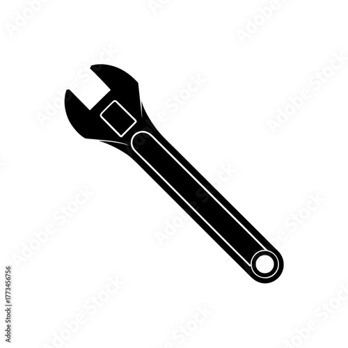 Illustration of a black wrench on transparent background silhouette