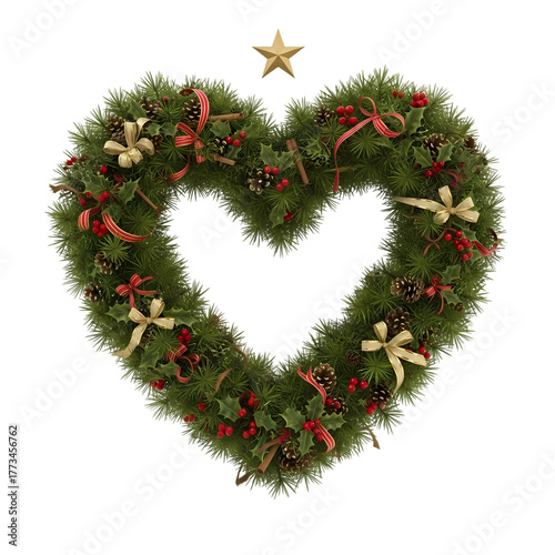 Heart-shaped Christmas wreath with star, festive holiday decor