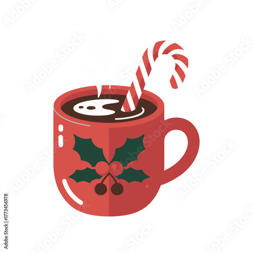 A steaming mug of hot chocolate is decorated with holly and has a candy cane stirring stick.