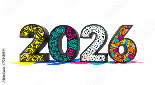 Modern Artistic 2026 Typography Displaying Vibrant Abstract Doodle Patterns and Bright Colors on a Clean White Background Celebrating New Year Eve Merry Christmas and Happy Holiday Season
