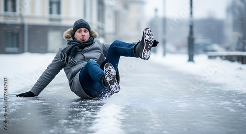 Man slipping on icy pavement during winter in urban setting  