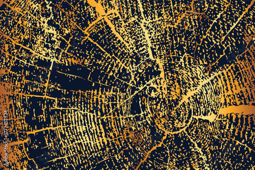 High resolution illustration of gold tree trunk cross section with detailed growth rings and natural cracks. Artistic wood grain texture in contrasting golden and dark tones for creative design projec