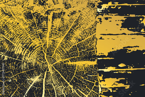 High resolution illustration of gold tree trunk cross section with detailed growth rings and natural cracks. Artistic wood grain texture in contrasting golden and dark tones for creative design projec