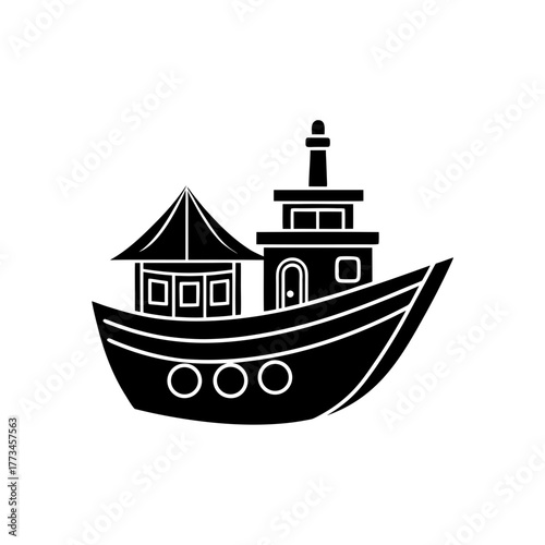 Silhouette of a fishing boat on transparent background