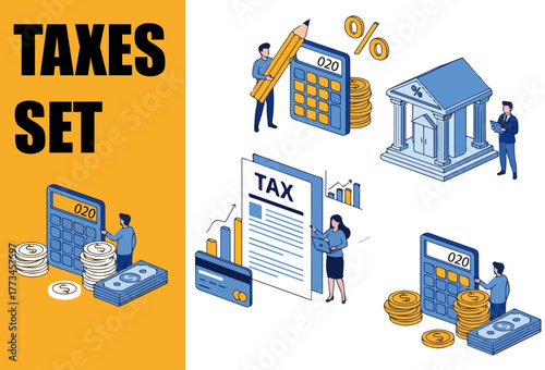 Tax Preparation and Income Tax Refund Concept. Characters Calculating Financial Declaration and Money Management Vector Set.