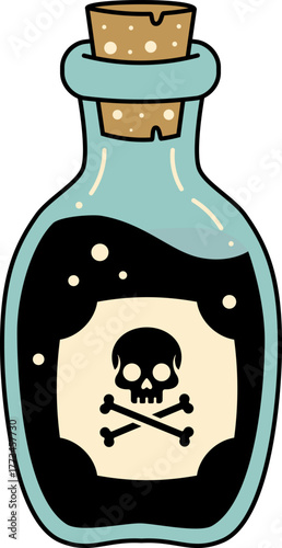 Single cartoon style poison bottle with a light blue glass body, cork stopper, and a prominent skull and crossbones label on its black liquid. Perfect for Halloween or danger-themed designs.