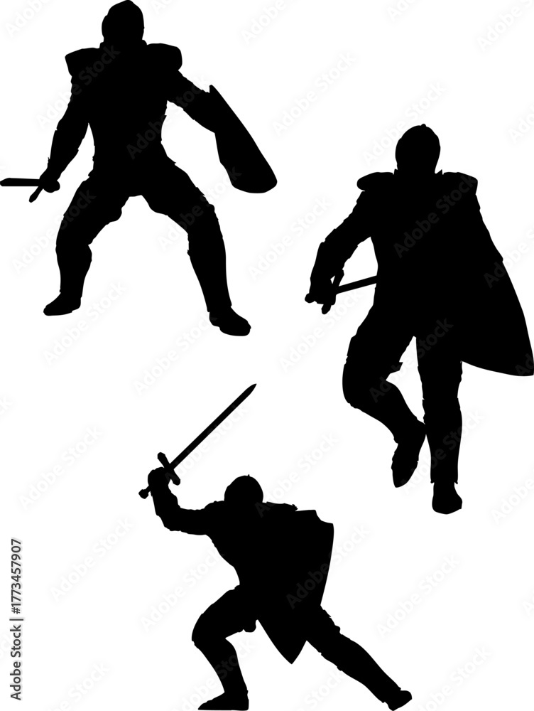 Fototapeta premium Silhouette of a medieval knight in a battle stance, holding a sword and a large shield. Ideal for fantasy themes, historical content, and heroic visual storytelling.