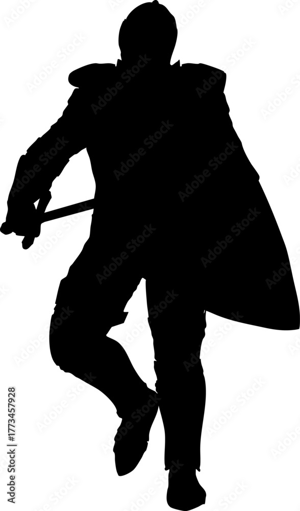 Fototapeta premium Silhouette of a medieval knight in a battle stance, holding a sword and a large shield. Ideal for fantasy themes, historical content, and heroic visual storytelling.
