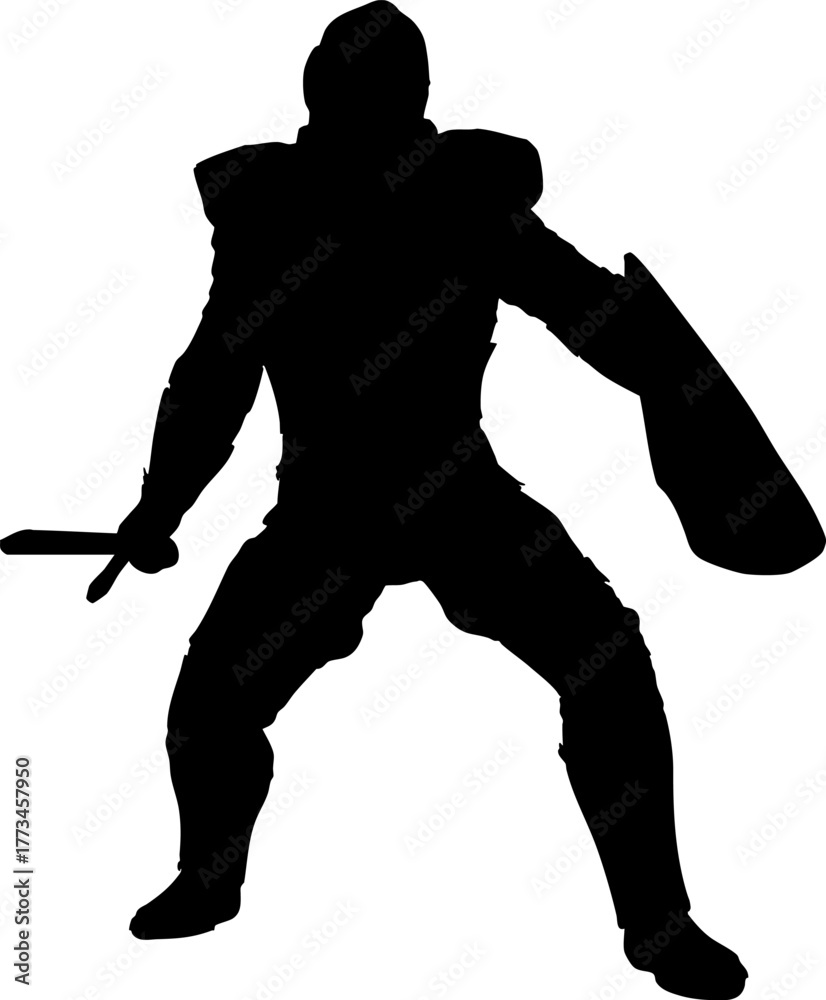 Obraz premium Silhouette of a medieval knight in a battle stance, holding a sword and a large shield. Ideal for fantasy themes, historical content, and heroic visual storytelling.