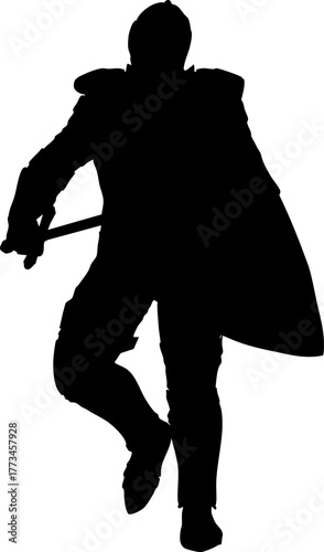 Silhouette of a medieval knight in a battle stance, holding a sword and a large shield. Ideal for fantasy themes, historical content, and heroic visual storytelling.