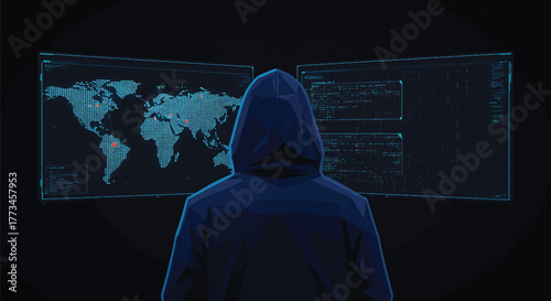 A hooded figure stands in front of a large screen displaying a world map and coding interface in a dark room with a blue glow.