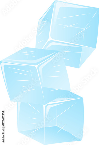 Illustration of three translucent ice cubes with sharp edges and realistic reflections, floating on a clean background. Ideal for food and drink designs.