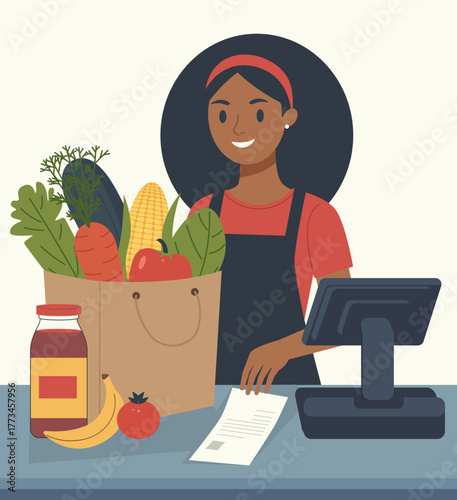 Cheerful dark skinned woman cashier standing at checkout counter with a grocery bag full of fresh produce like carrots, corn, and bananas, representing retail service, shopping, and customer care.