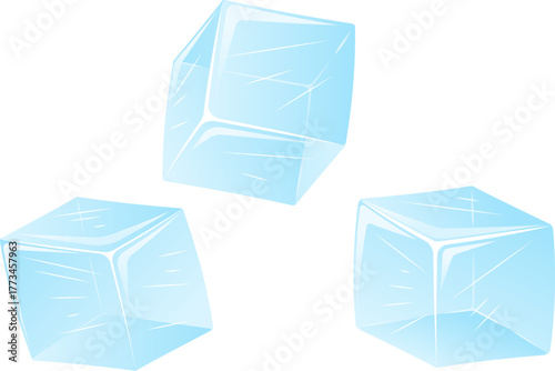 Illustration of three translucent ice cubes with sharp edges and realistic reflections, floating on a clean background. Ideal for food and drink designs.