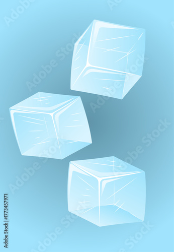 Illustration of three translucent ice cubes with sharp edges and realistic reflections, floating on a clean background. Ideal for food and drink designs.