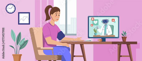 Illustration of a woman checking blood pressure at home during an online telemedicine consultation with robot virtual doctor on a computer screen, symbolizing modern digital healthcare solutions.