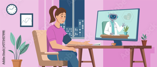 Illustration of a woman checking blood pressure at home during an online telemedicine consultation with robot virtual doctor on a computer screen, symbolizing modern digital healthcare solutions.