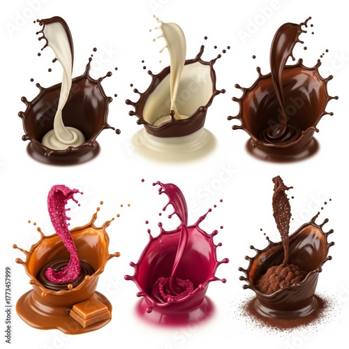 A captivating collage of chocolate splashes in various flavors including dark, milk, white, and berry-infused.