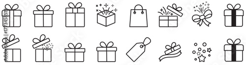 Gift box icon set for celebration events, party, birthday, christmas, surprise present, Gift box icon set with ribbon, holiday present vector collection, Gift box icon set with ribbon, holiday present