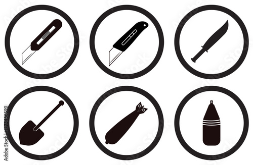 Knife and bomb tool icons set for vector illustrations, Knife weapon silhouette icons vector, Bomb, knife, shovel icon set design, Cutting and explosive weapon silhouette icons, vector icons