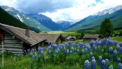 An alpine village with log cabins surrounded by blooming blue lupines and snow-dusted mountains
