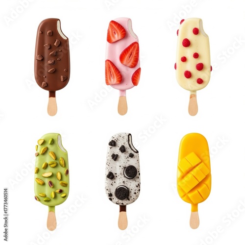 A colorful assortment of six ice cream bars with various toppings, perfect for summer indulgence.