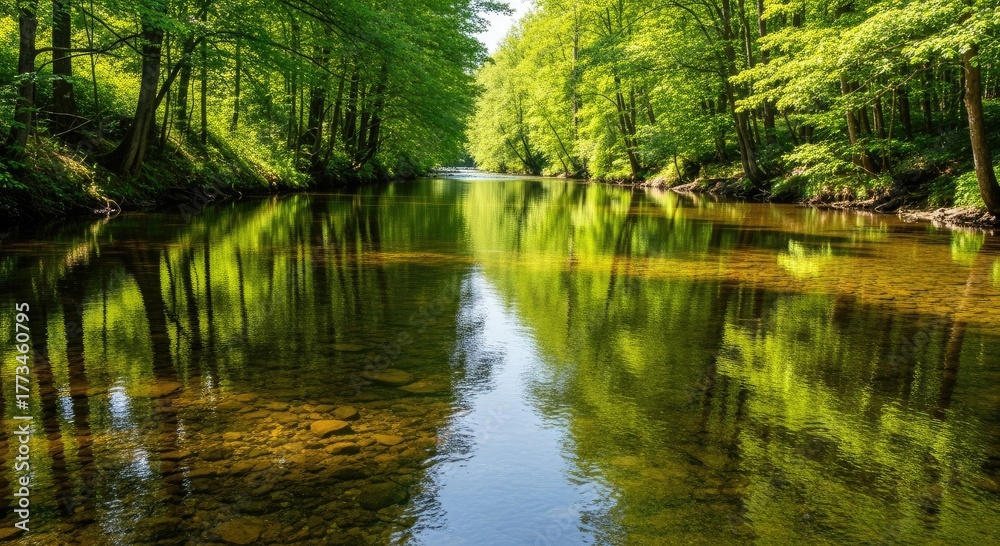 Obraz premium Calm river flows through a lush green forest with reflections visible