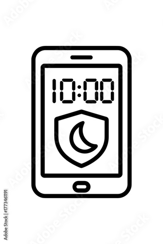 Line art icon of a smartphone displaying a digital clock (10:00) with a shield and crescent moon symbol, representing night mode or bedtime restrictions under parental control settings.