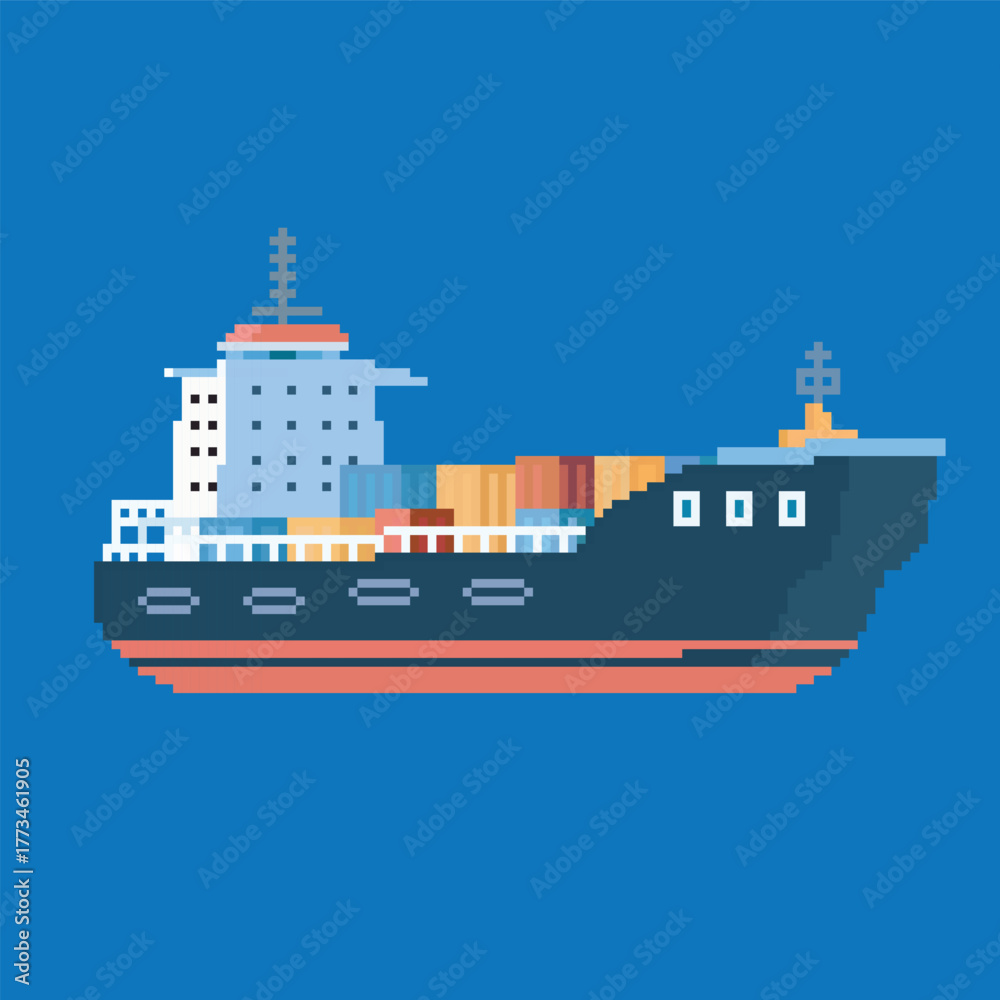 Obraz premium container ship pixel art, vector illustration on isolated background.