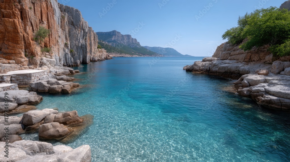 Fototapeta premium Wide Angle Photo Of A Rocky Coastal Mountain With Turquoise Ocean Water Under A Bright Blue Sky