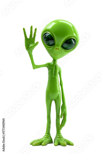 A funny cartoon illustration of a green alien monster character with a phone symbol and robot technology concept