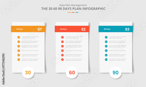 30 60 90 days management framework for infographic with drop shadow style with vertical box with checklist and circle badge bottom with 3 point list information