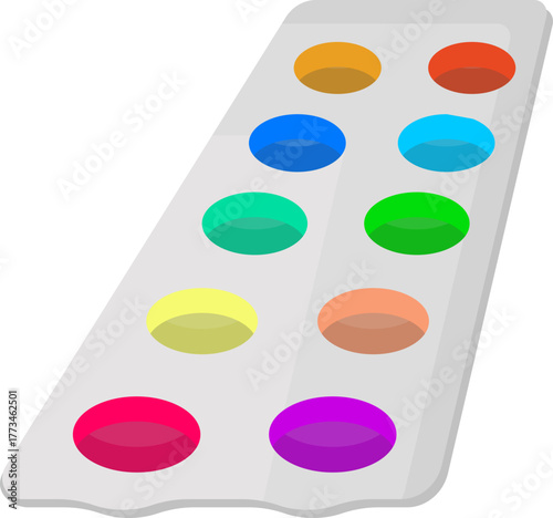 Vibrant multicolored pills in blister pack vector. Health, medicine, vitamins, or candy concept illustration.