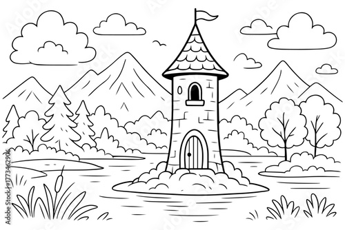 Castle Tower on Island with Mountains and Trees in Background Coloring Page