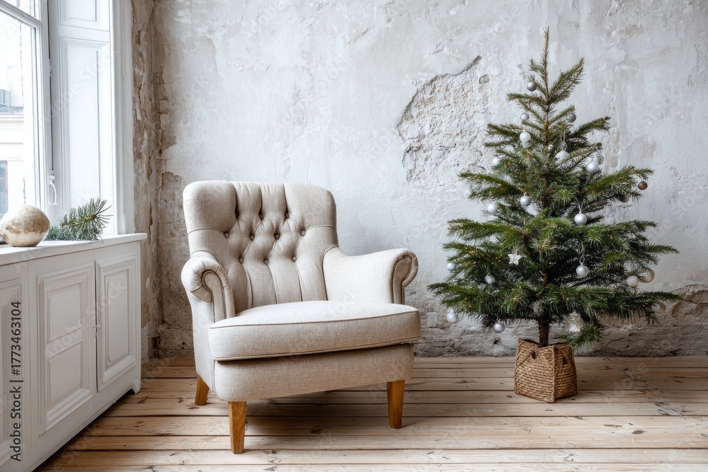 Fototapeta premium Neutral armchair and decorated tree sit on wooden floor.