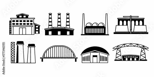 Illustration of various industrial buildings including factories, plants, and a sports stadium design