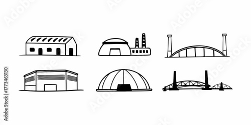Illustrative depiction of various architectural structures including warehouses factories and bridges designs