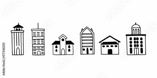 Doodle style illustration of six different buildings in a row with black outlines on a white background
